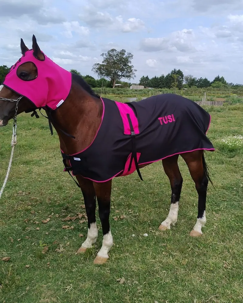 Manta y careta negra y fucsia con bordado, hecha a mano por Ejemplares